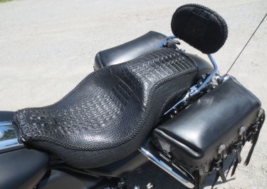 alligator motorcycle seat custom cycle seat harley davidson chicago Illinois indiana exotic skin design high end bagger big wheel bagger cycle seats by vos dave vos customs by vos cycle seats